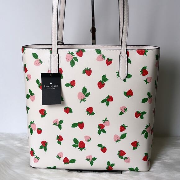 NWT💃Kate Spade Jana Tossed Strawberry Printed Tote/White/ Saffiano - Picture 2 of 11